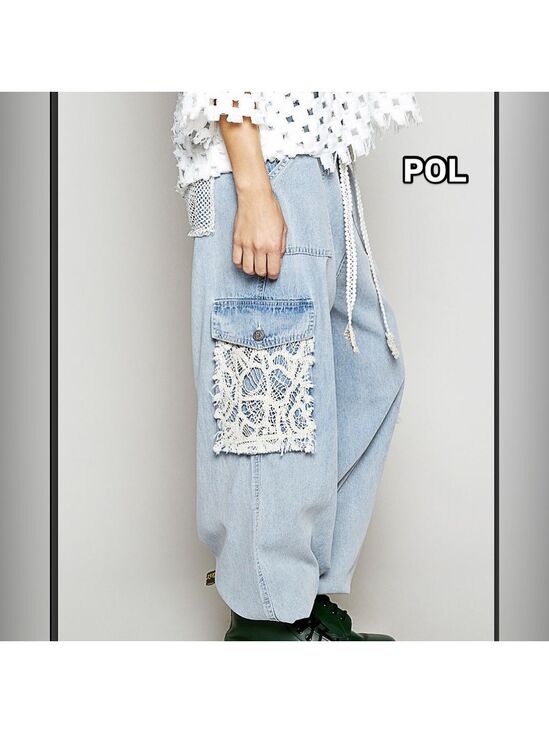 POL Pants - POL Light Blue Denim Wide-Leg Pants with Cream Crochet Pocket